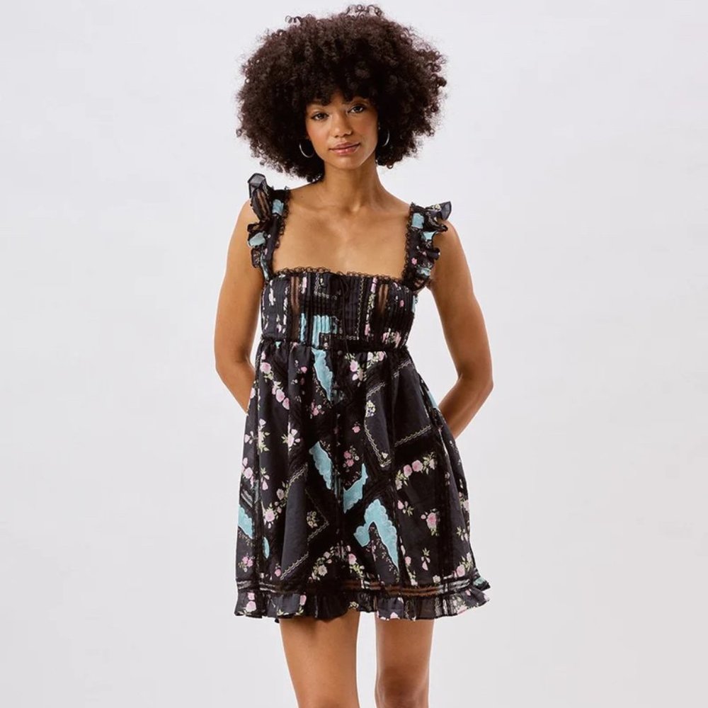 For Love & Lemons Black Floral and Lace Mini Dress